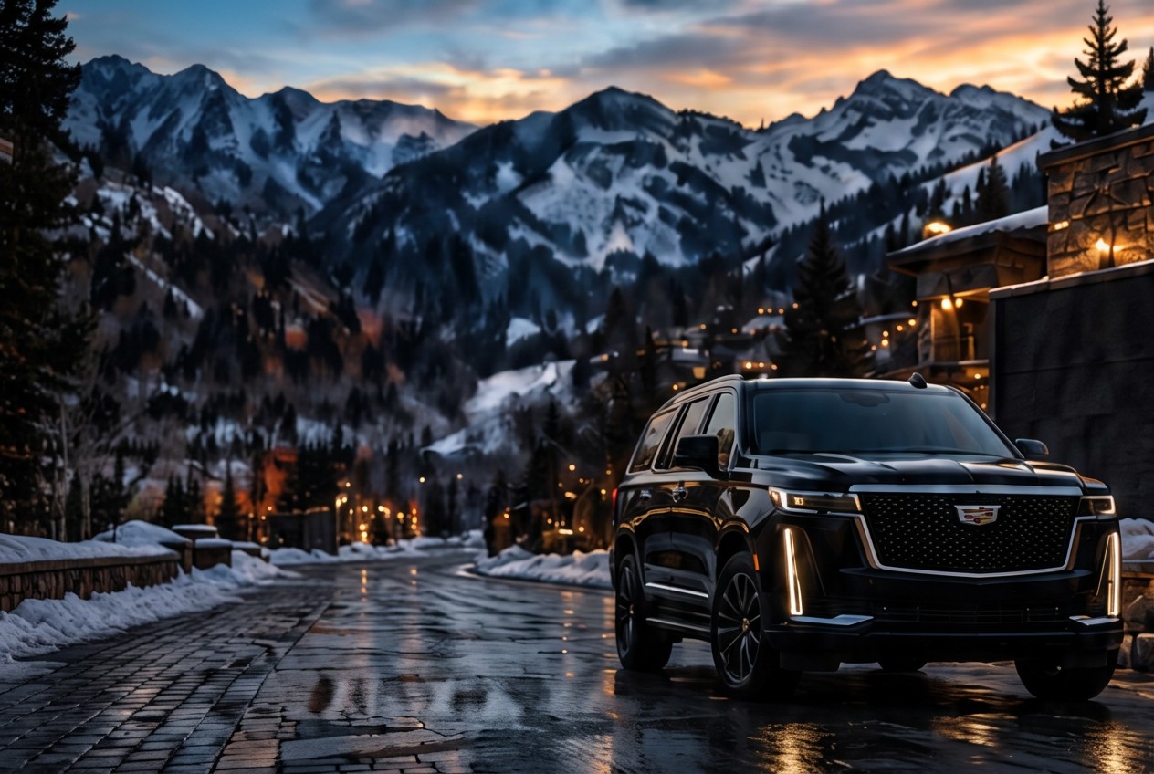 Black Suburbans and Sprinters staged outside a corporate conference center at dusk