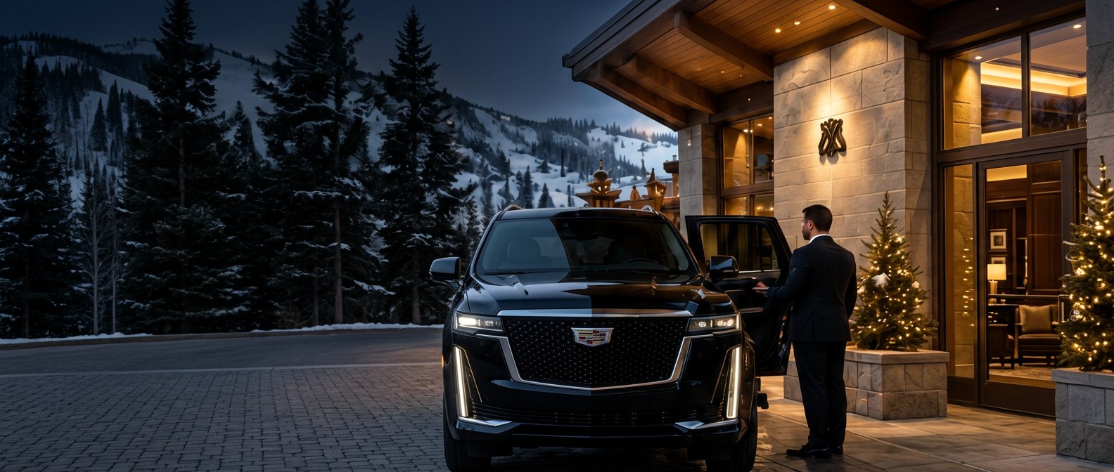 Black Cadillac Escalade with a professional chauffeur at a luxury Utah resort entrance