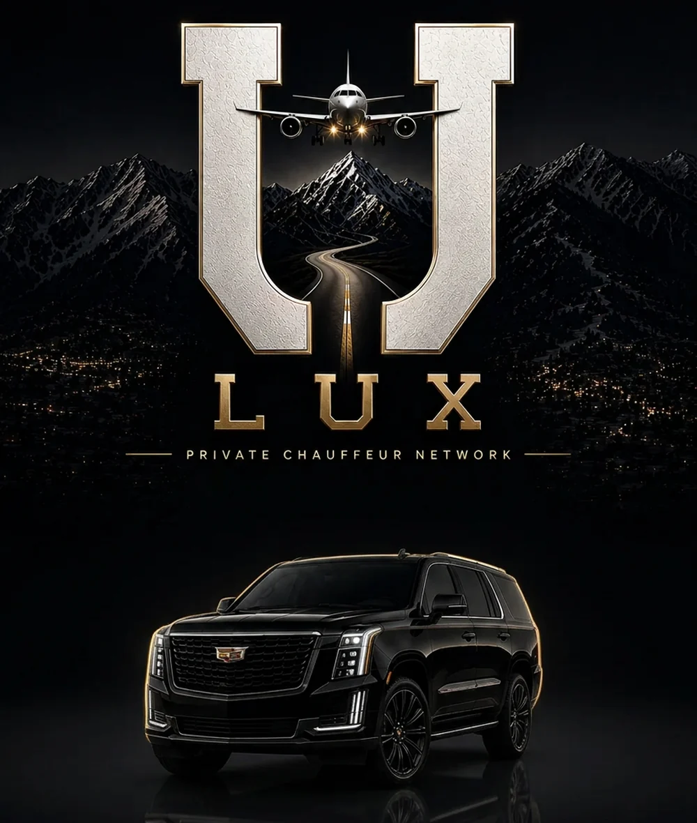 U Lux — Private Chauffeur Network. Black Cadillac Escalade beneath the metallic U Lux emblem with the Wasatch mountains at night.