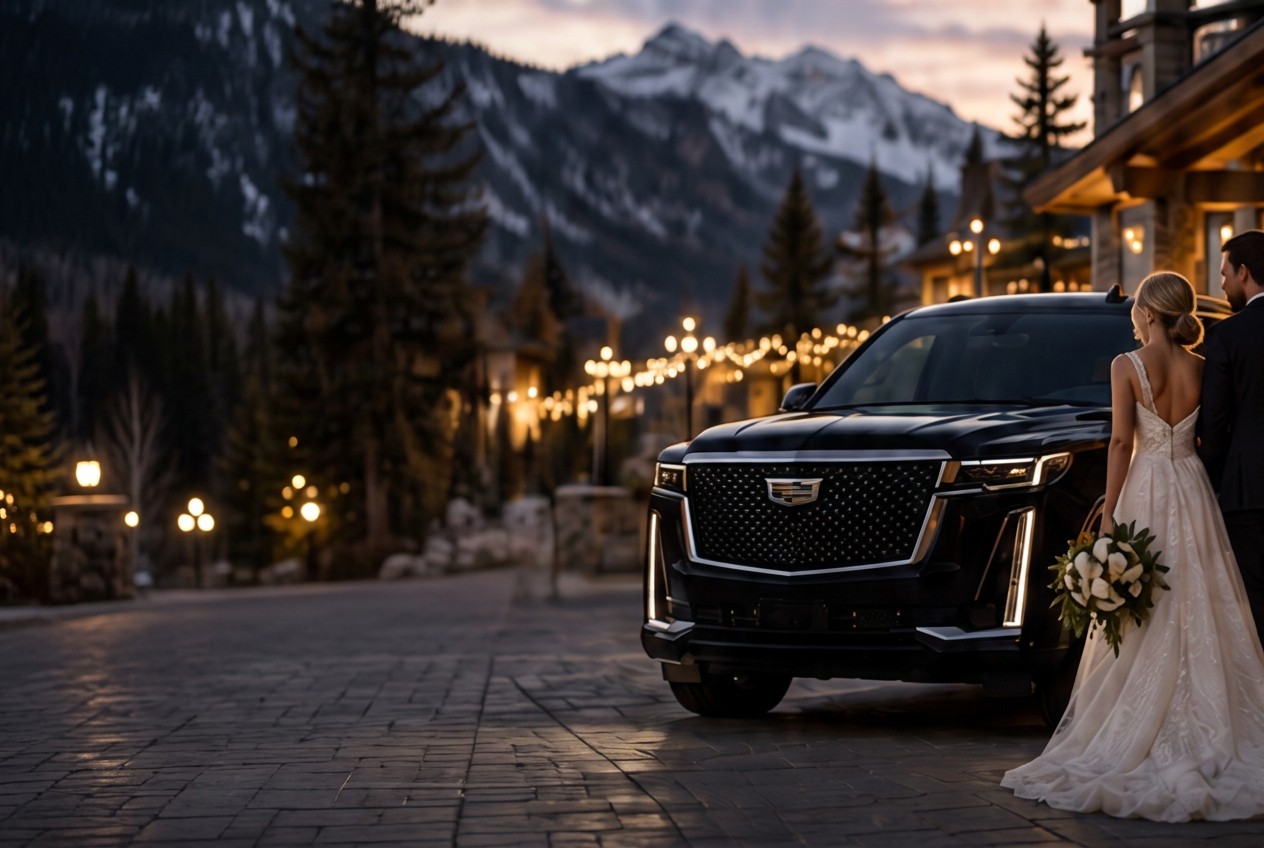 Black luxury SUV outside an elegant wedding venue at golden hour